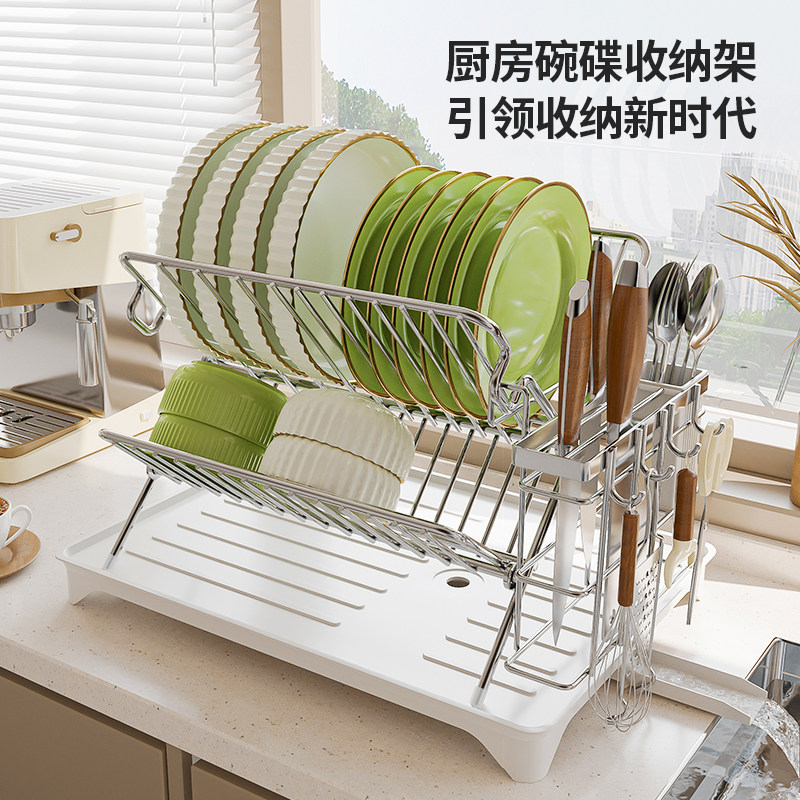 可折叠碗碟沥水碗盘架台面x型厨房双层立式收纳盘子不锈钢置物架