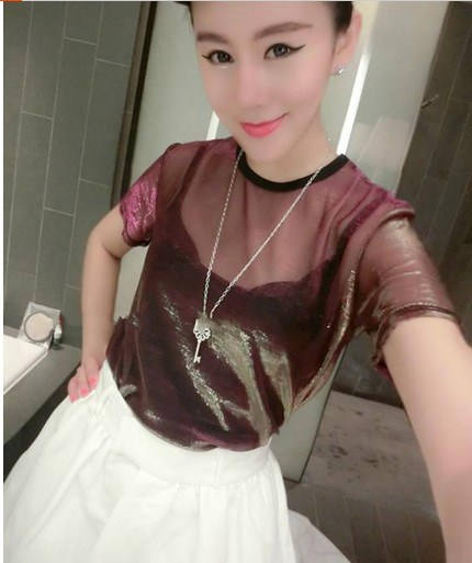 夜店性感亮丝网纱透视闪光半袖欧洲站时尚风潮流T恤短袖打底衫女