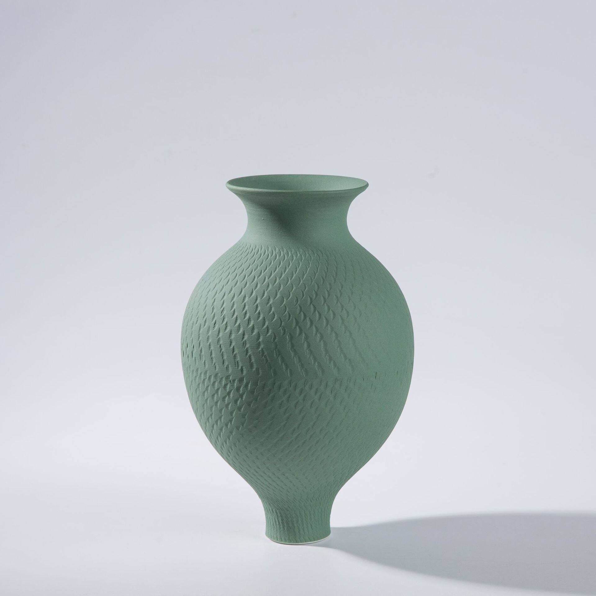 现代新中式哑光孔雀绿色跳刀纹艺术陶瓷罐花瓶九件装饰品花器摆u.