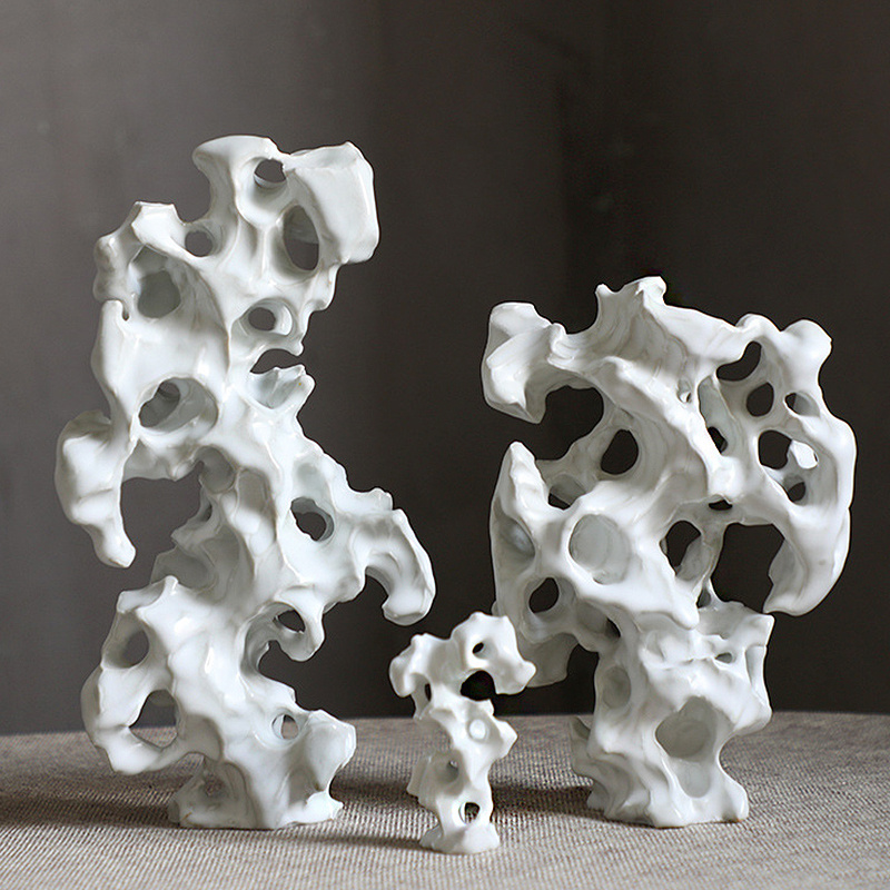 新中式禅意境装饰品样板间售楼处茶室书柜摆件太湖石造型陶瓷假山