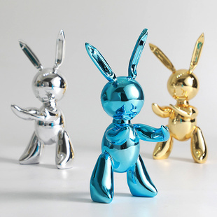 家居装饰品现代卡通风书柜儿童房杰夫昆斯钛金银蓝色兔子雕塑摆件