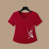 运动T恤 刺绣盘扣民族风舞蹈服休闲时尚 中式 国风广场舞上衣女短袖