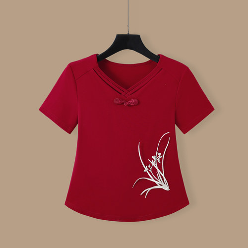 中式国风广场舞上衣女短袖刺绣盘扣民族风舞蹈服休闲时尚运动T恤