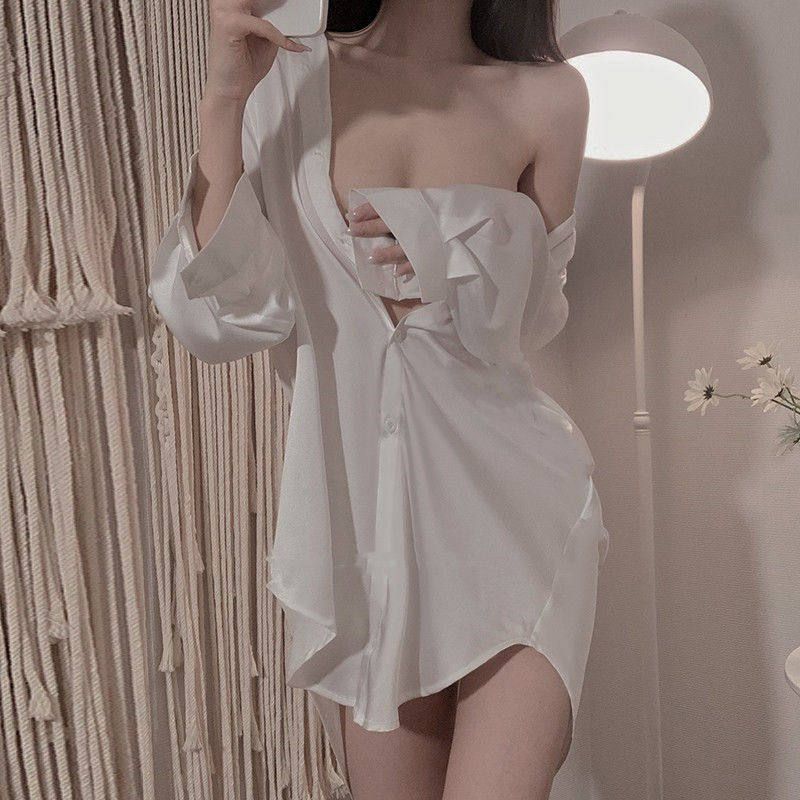 性感风春夏季长袖衬衫睡裙女纯白睡裙