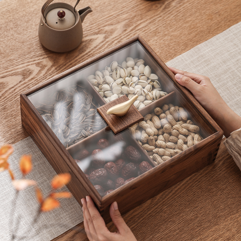 胡桃木玻璃果盘实木果盒糖果客厅家用茶几分格新中式干果盘收纳盒