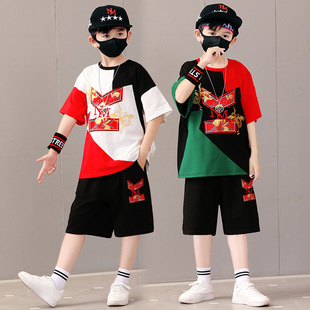 套装 潮流小学生短袖 2025时髦小男孩休闲拼色民族风二件套 新款 夏季