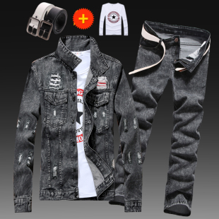 套装 春秋季 夹克搭配牛仔长裤 机能工装 休闲破洞牛仔外套男潮流韩版