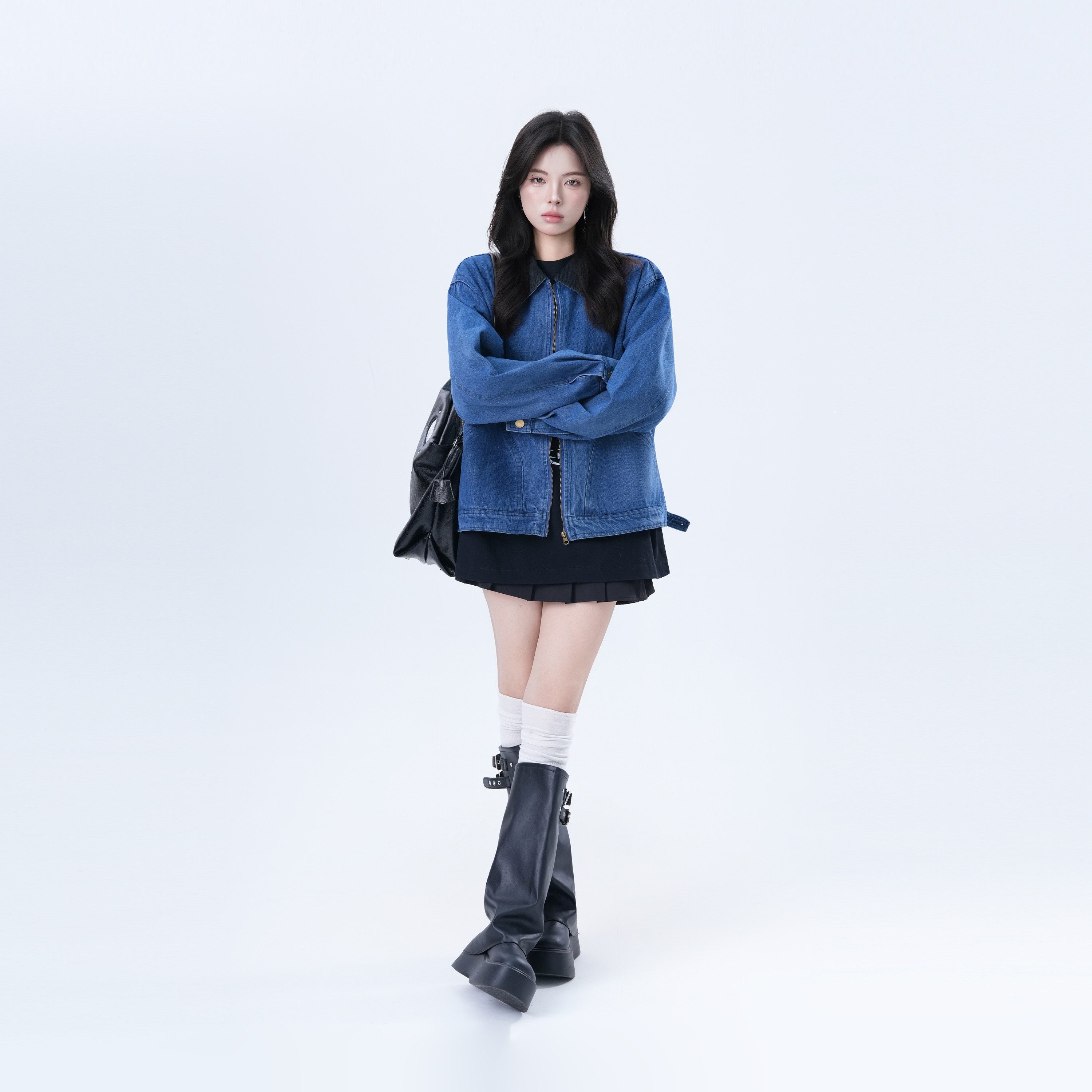 美式复古撞色翻领水洗牛仔夹克女