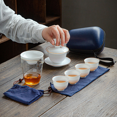 薄胎羊脂玉盖碗旅行茶具套装甜白玉瓷快客杯玻璃一壶四杯简约便携