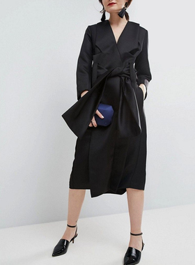 出口欧单尾货黑色复合空气层长袖系带风衣连衣裙高个子中长款外套