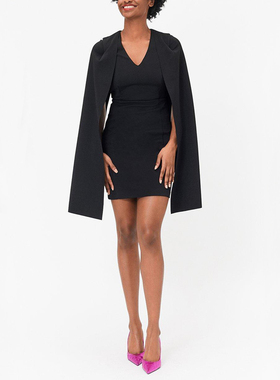 2022年春季新款女装出口尾货黑色空气层披肩斗篷修身小礼服连衣裙