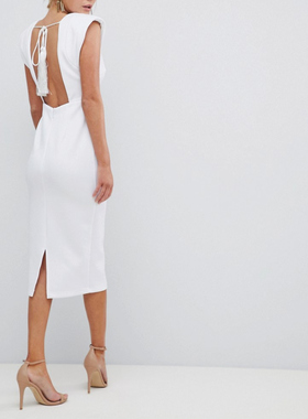 21年女装出口英国尾货白色空气层V领露背礼服连衣裙年会婚礼晚装