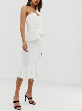外贸白色提花剪花流苏面料性感显瘦包臀修身裹胸高个子礼服连衣裙