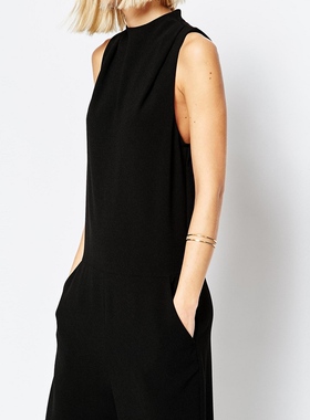 21春季新款欧美风无袖宽松款宽腿大裤脚九分连衣裤黑色连体裤