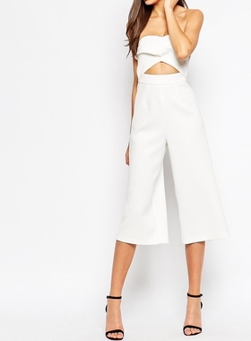 薄空气层高弹力无袖露肩背防滑落抹胸款七分连衣裤白色宽腿连体裤