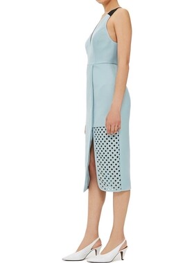 21春季新款欧单粉蓝色手工钉珠肩带撞色深V领显瘦高个礼服连衣裙