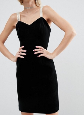 外单黑色天鹅绒空气层修身显瘦珍珠吊带连衣中裙高个子年会礼服裙