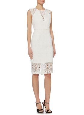 新款少量外单尾货修身款白色蕾丝高个子中长铅笔连衣裙