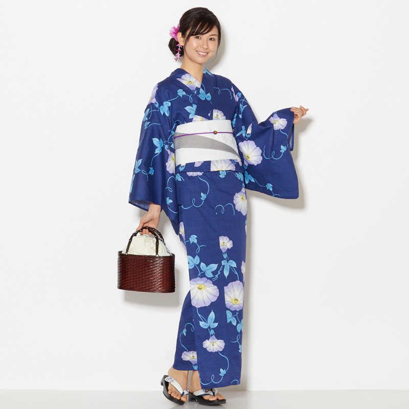 出口日本客供面料 全棉和服浴衣  藏蓝底牵牛花  朝颜