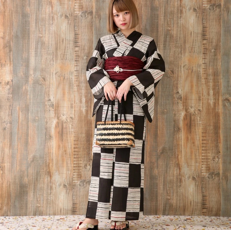 出口日本和服浴衣棉麻 古典花色  黑白格个性衣服