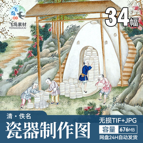 清代彩色绘画景德镇瓷器制作流程图陶器生产过程场景插画设计素材