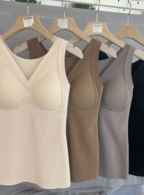 古妃3283冬季保暖蕾丝背心内衣女一体带胸垫打底内搭免穿文胸美背