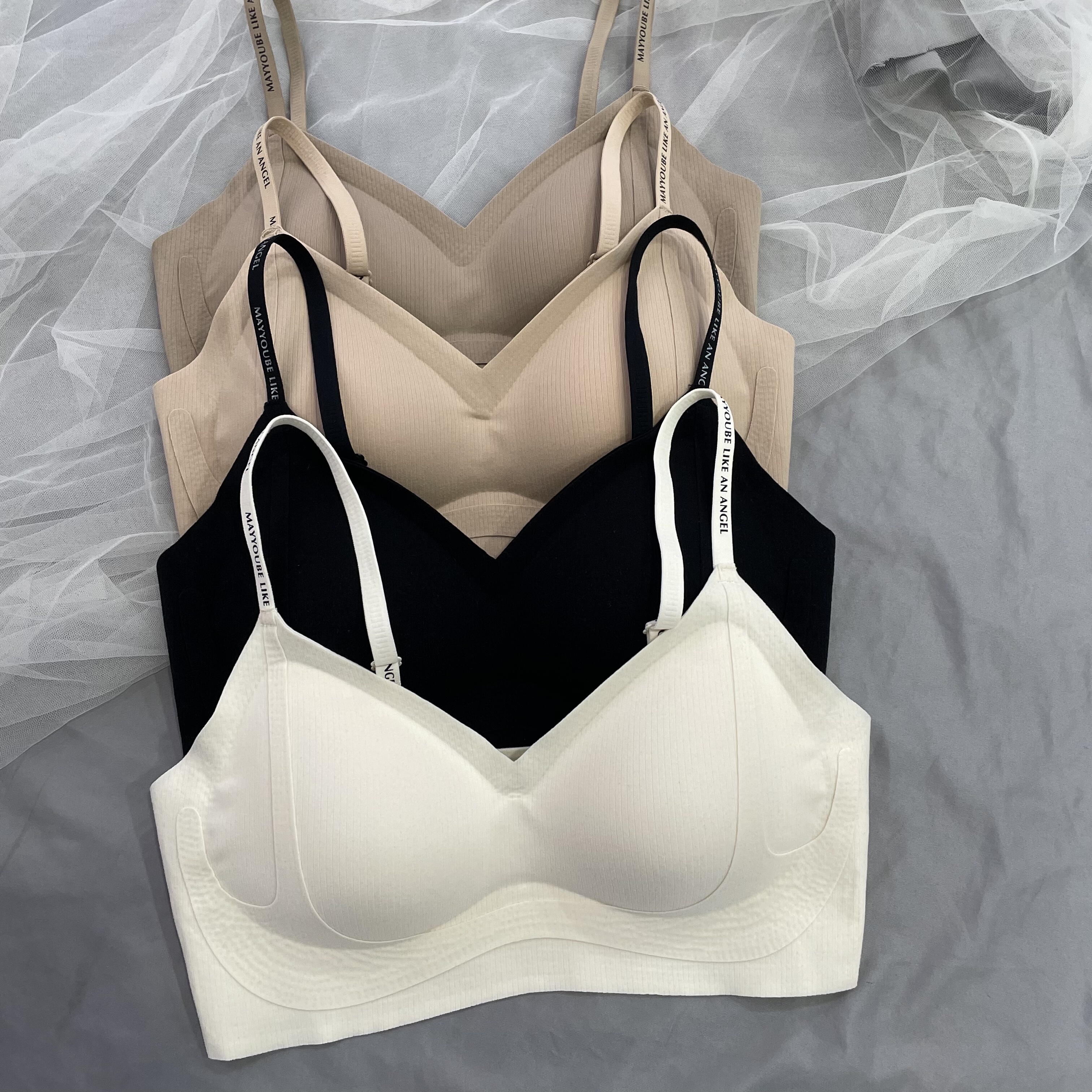 黛美芮秋冬磨毛提拉聚拢无痕美背裹胸女肩带字母抹胸固定杯内衣潮