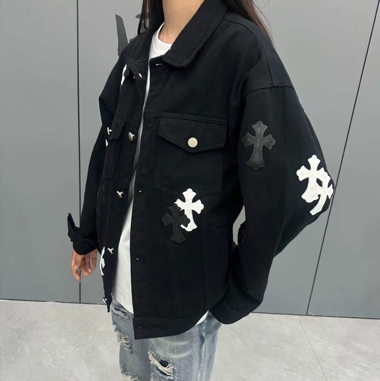 美式复古克罗十字架牛仔外套春秋季潮牌宽松休闲高级感男女款夹克