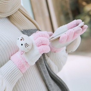 手套女冬季 学生触屏手套卡通加绒加厚保暖毛线棉骑车手套 可爱韩版