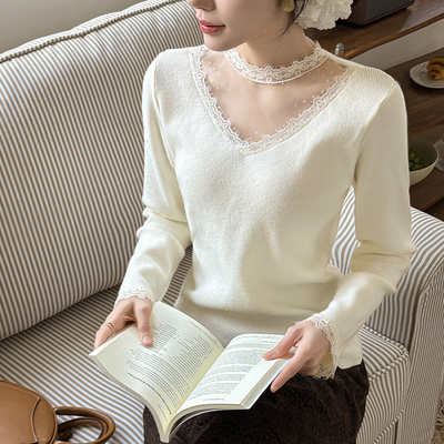 蕾丝拼接白色半高领针织打底衫女秋冬新款高级感毛衣内搭外穿上衣