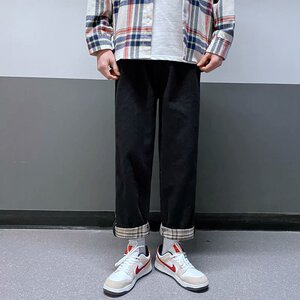 2025春秋季新款复古翻边格子男士牛仔裤潮流直筒九分裤NZ888-P35,小西装套装搭配春秋女图片