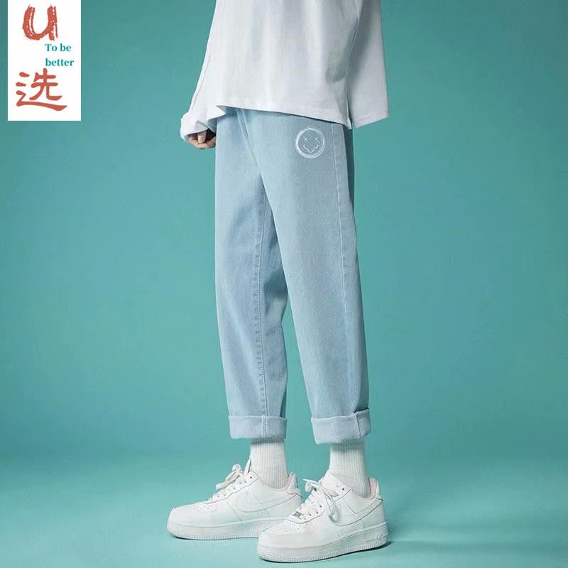 21年秋季笑脸印花浅色宽松修身直筒休闲裤牛仔九分裤 NB581-P30图片