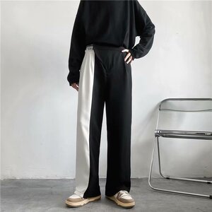 2025春秋新款阔腿裤男ins潮黑白拼色垂感休闲西裤美式裤K1381-P35图片