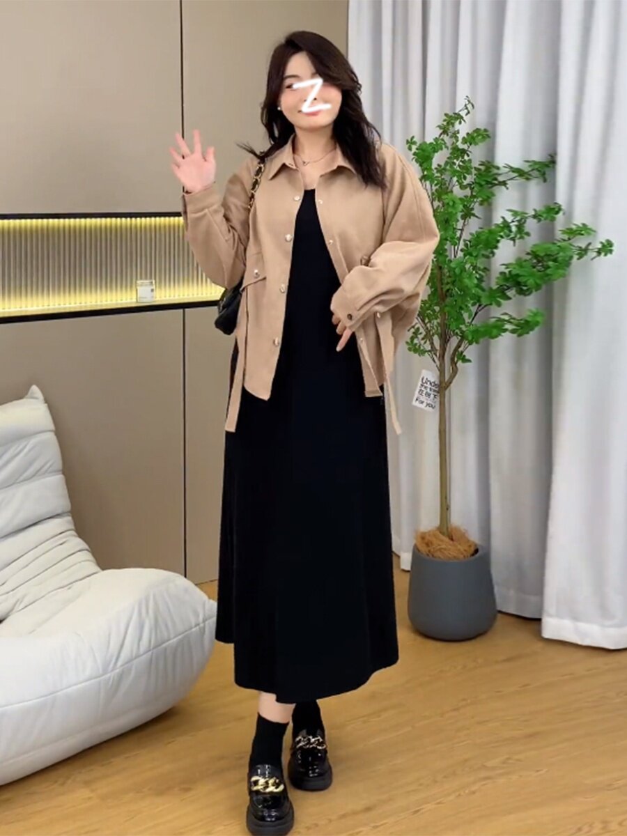 가을과 겨울 지방 MM 옷깃 셔츠 재킷 니트 조끼 스커트 슬림 투피스 유행 세트 여성을위한 플러스 사이즈 패션 기질 정장