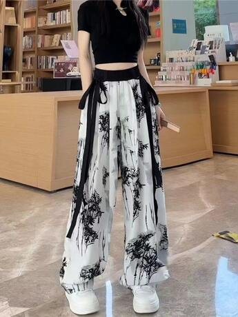 大码女新中式冰丝雪纺阔腿裤2026夏装薄款宽松复古水墨国风直筒裤