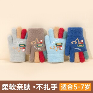 五指针织挖掘机抓绒加厚保暖幼儿园男宝宝秋冬季毛线儿童手套小童