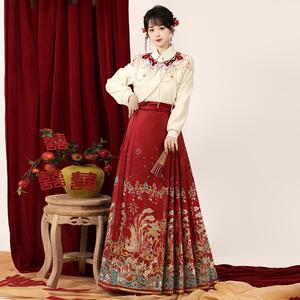 新中式汉服日常通勤夏季上衣红色拜年服订婚敬酒服织金妆花马面裙