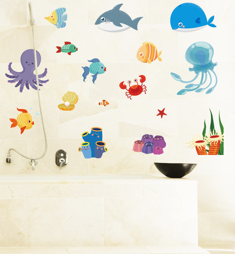 简约现代浴室墙壁装饰防水遮挡可爱卡通小鱼贴纸自粘防水墙贴画