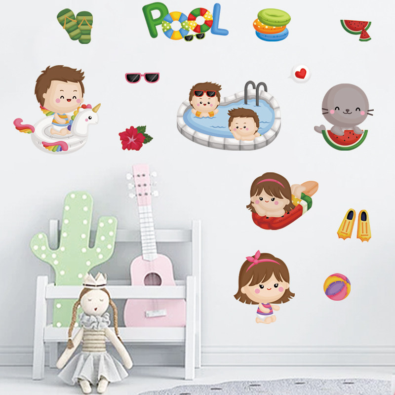 简约清新儿童房夏日清凉海边沙滩人物遮挡补洞装饰自粘防水墙贴画