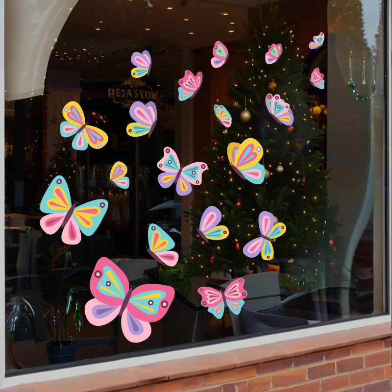 彩色蝴蝶静电玻璃贴纸商铺咖啡花店客厅窗贴装饰自粘防水静电贴画