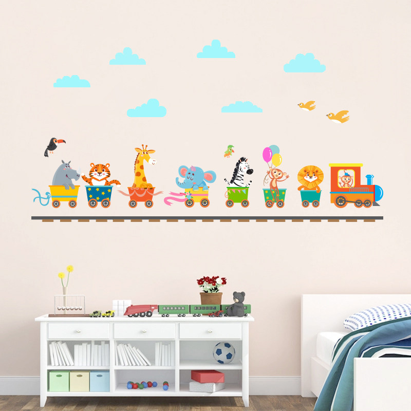 可爱简约动物火车卡通贴画学校幼儿园儿童房卧室自粘防水贴纸墙贴