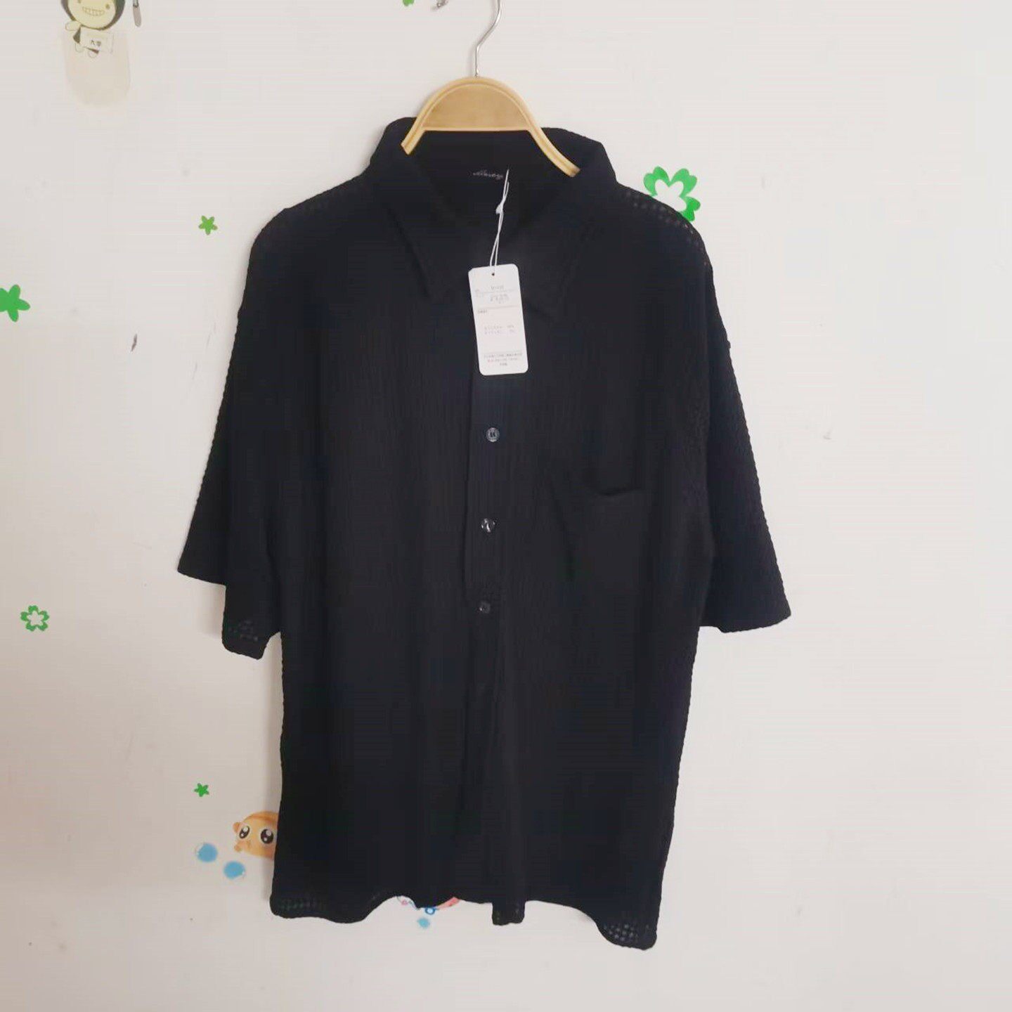 出口日单高品质包邮夏季男士 翻领单排扣华夫格口袋短袖衬衫