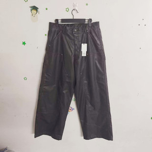 高品质出口日单包邮新款秋冬情侣纯色系带拉链水洗皮革工装阔腿裤
