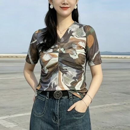 夏季新款扭结V领弹力网纱洋气妈妈装时尚花色修身短袖晕染打底衫