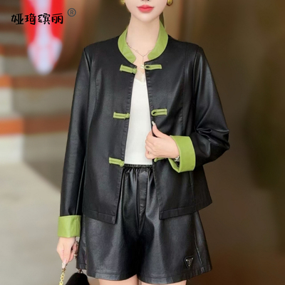 新中式国风黑色盘扣皮衣外套女2026新款唐装春秋小个子海宁皮夹克