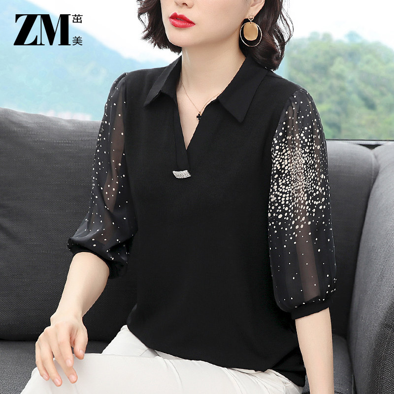 中年妈妈夏装小衫 2020新款大码中袖T恤女宽松网纱七分袖上衣女夏