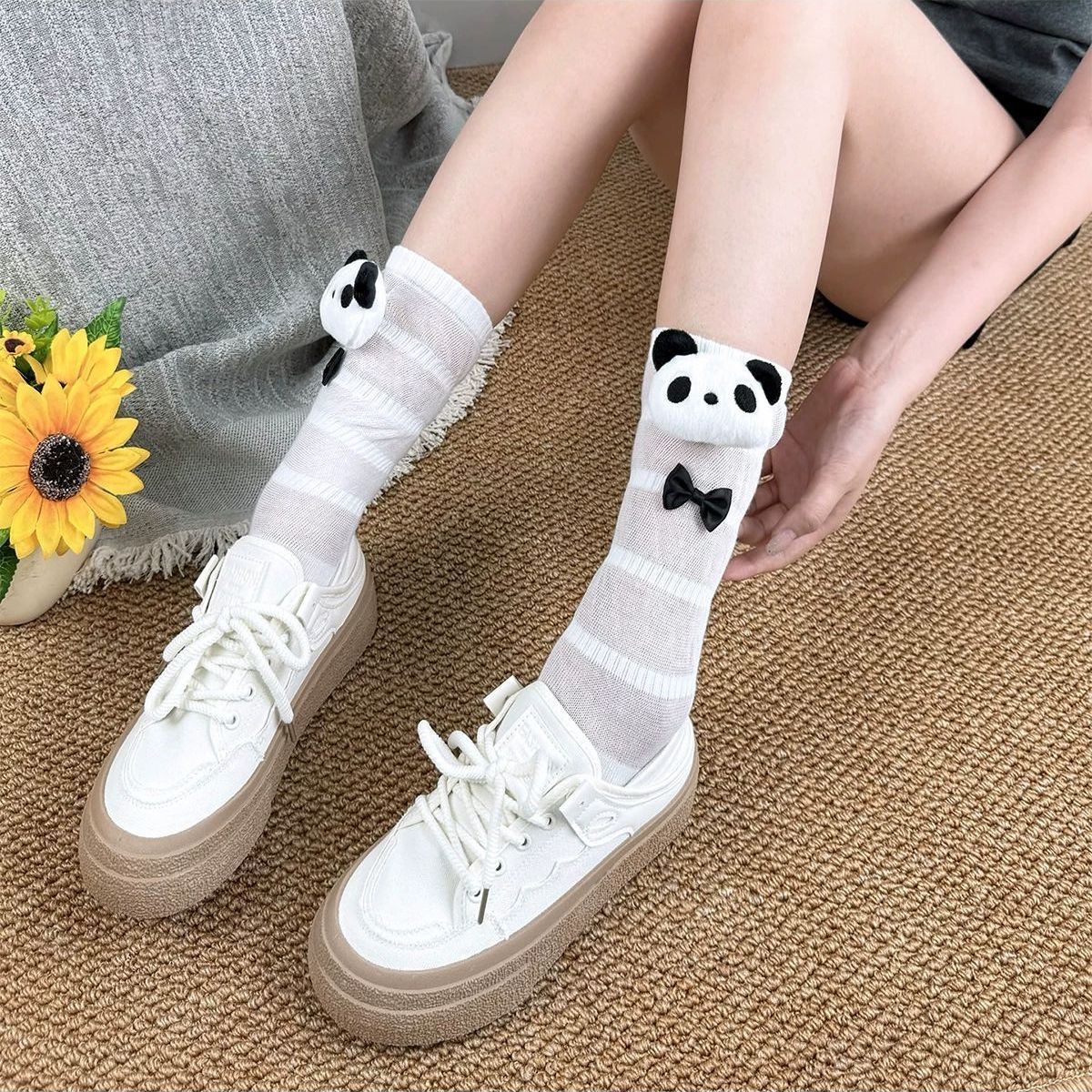 春秋女款熊猫立体中筒堆堆袜