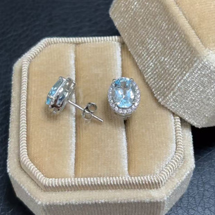 小肥珠宝天然蓝托帕石耳钉925純銀简约蛋形围钻耳饰高级感不过敏