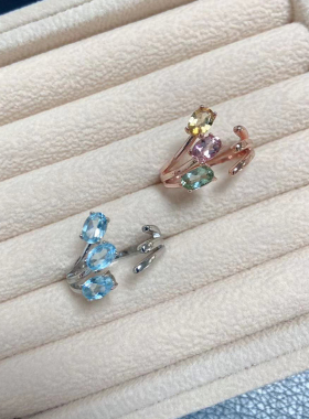 天使翅膀女银天然碧玺托帕石戒指