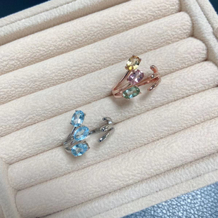 天然碧玺戒指 925纯银托帕石指环天使翅膀创意活口首饰 甜美宝石